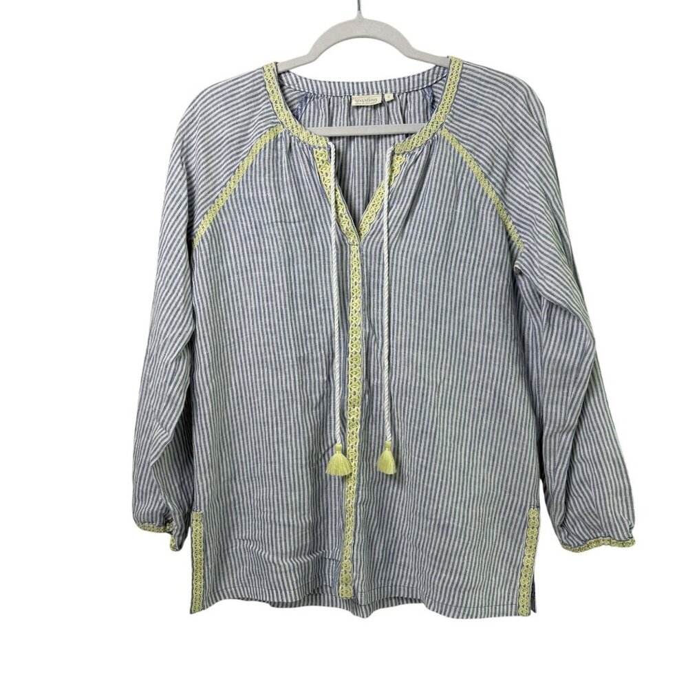 Spartina 449 Blue Stripe V Neck Tassel Blouse Size S Yellow Embroidery Linen Top